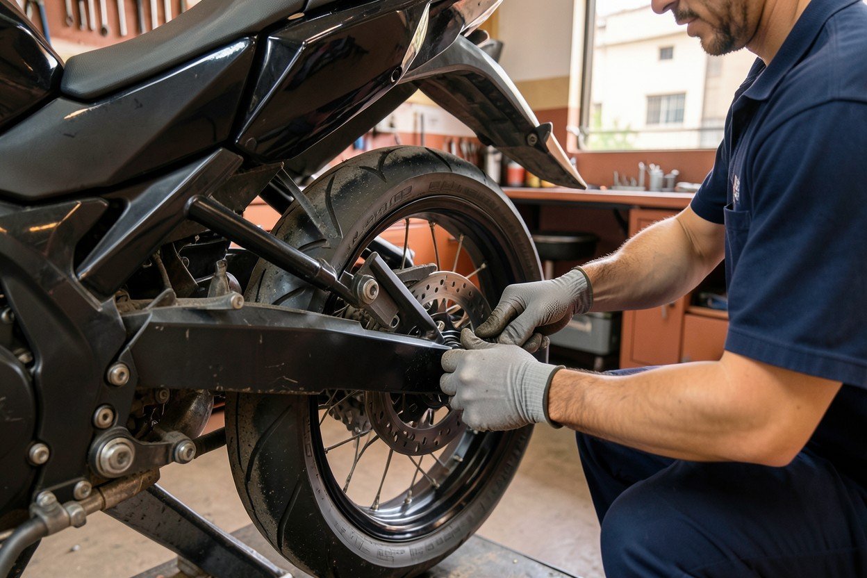 Trabajo cuidadoso en la rueda trasera de una moto en el taller